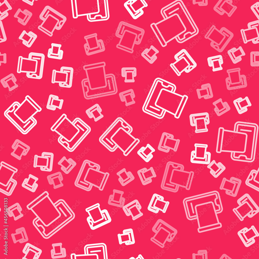 White line Food ordering on mobile icon isolated seamless pattern on red background. Order by mobile phone. Restaurant food delivery concept. Vector White line Food ordering on mobile icon isolated seamless pattern on red background. Order by mobile phone. Restaurant food delivery concept. Vector