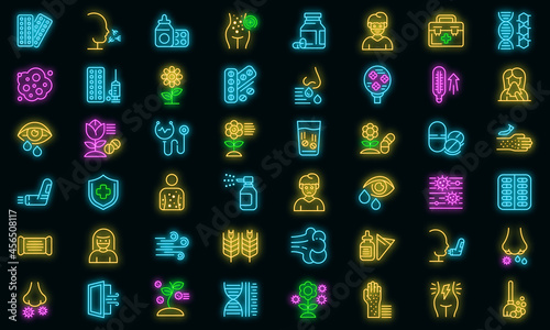 Seasonal allergy icons set. Outline set of seasonal allergy vector icons neon color on black