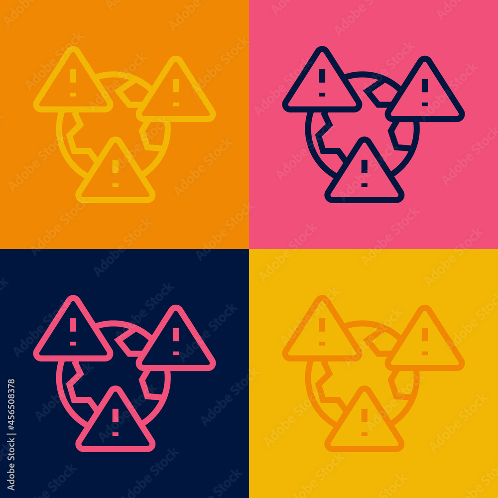 Pop art line Planet earth symbol with exclamation mark icon isolated on color background. Global earth, Exclamation mark danger. Vector Pop art line Planet earth symbol with exclamation mark icon isolated on color background. Global earth, Exclamation mark danger. Vector