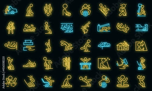 Careless person icons set. Outline set of careless person vector icons neon color on black