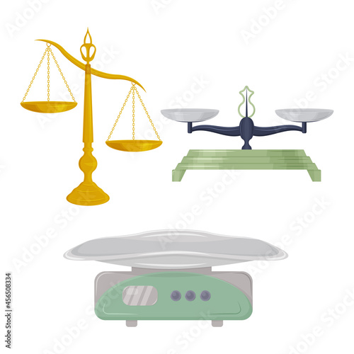 Scales of various shapes and purposes. Libra of Themis. Jewelry scales and medical scales for weighing babies. Vector illustration on a white background