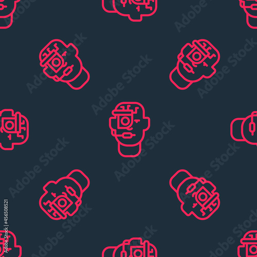 Red line Smart glasses mounted on spectacles icon isolated seamless pattern on black background. Wearable electronics smart glasses with camera and display. Vector