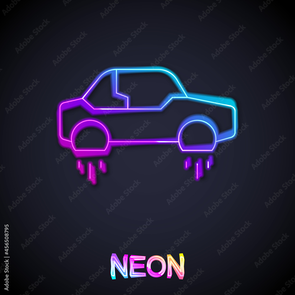 Obraz premium Glowing neon line Fantastic flying car icon isolated on black background. Hover car future technology future transport. Vector