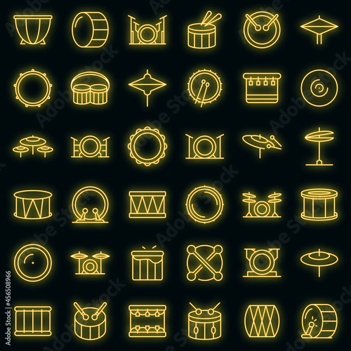 Drum icons set. Outline set of drum vector icons neon color on black