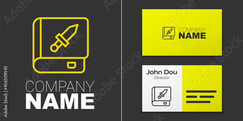 Logotype line Book about weapon icon isolated on grey background. Small firearm. Weapon catalog. Logo design template element. Vector