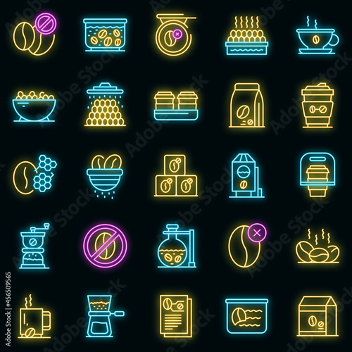 Decaffeinated coffee icons set. Outline set of decaffeinated coffee vector icons neon color on black