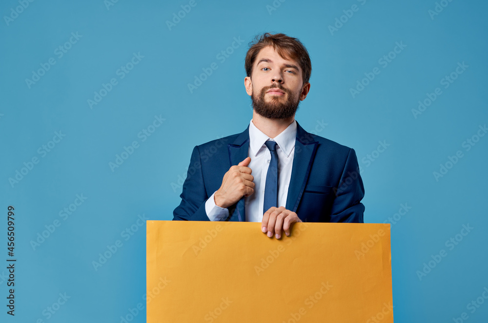 businessmen yellow billboard advertising copy-space isolated background businessmen yellow billboard advertising copy-space isolated background