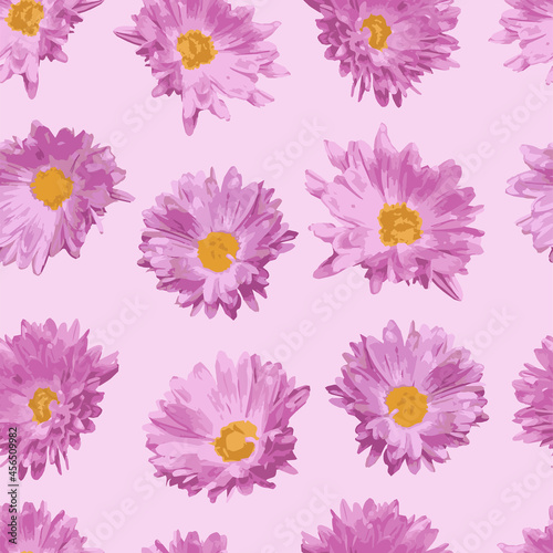 Seamless pattern with pink realistic flowers on a pink background. Pink daisies. Template for wallpaper  gift paper  website design. Vector illustration. Floral pattern.