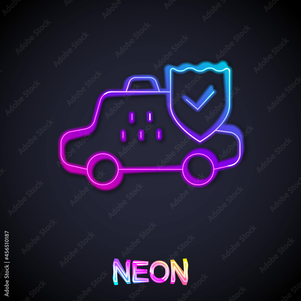 Glowing neon line Taxi car insurance icon isolated on black background. Vector Glowing neon line Taxi car insurance icon isolated on black background. Vector