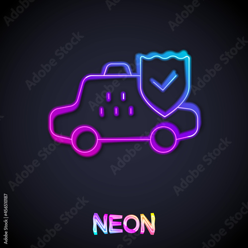 Glowing neon line Taxi car insurance icon isolated on black background. Vector