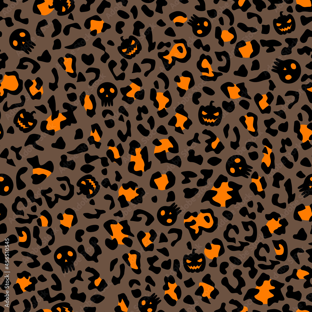 Halloween themed Leopard Pattern with Skulls and Pumpkins