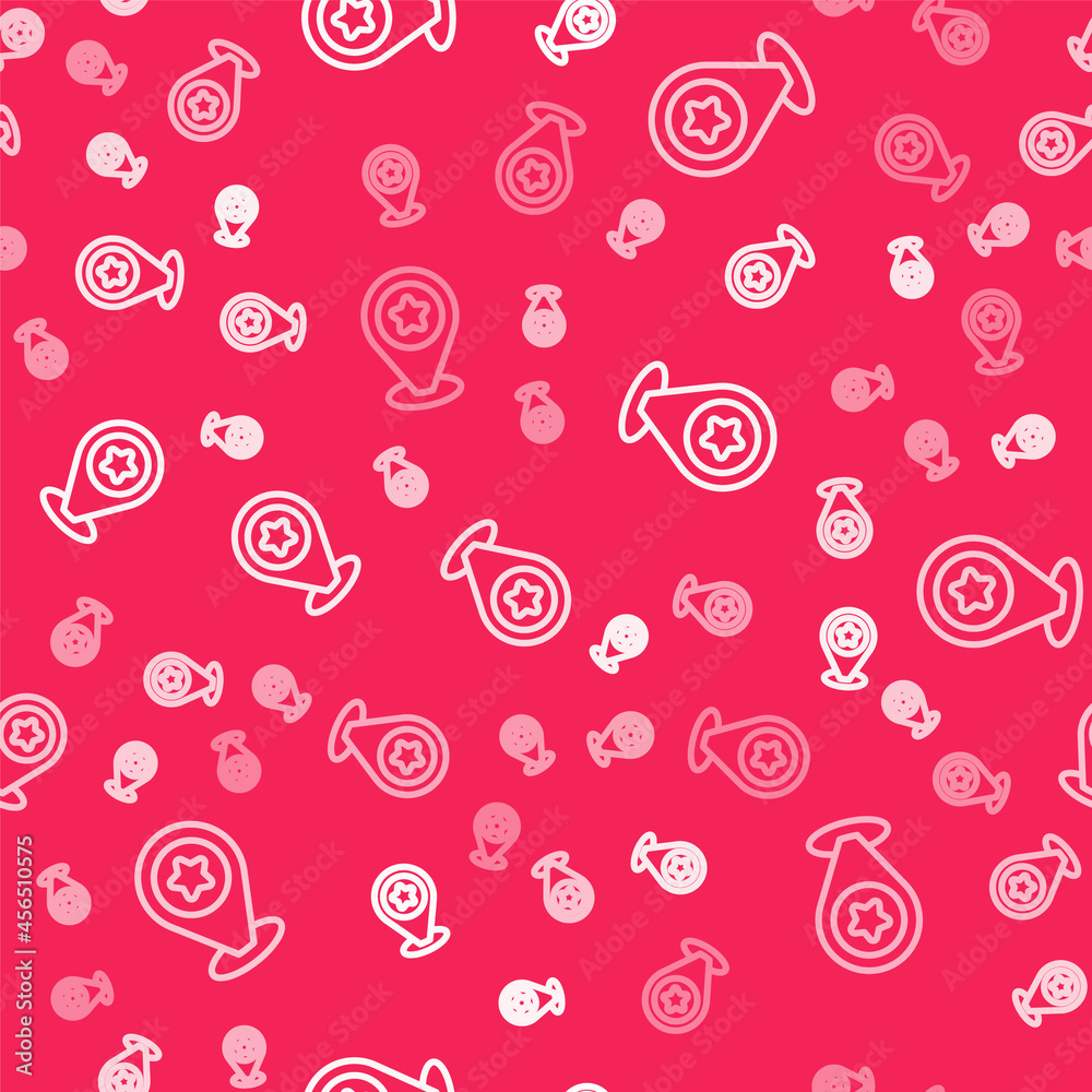 White line Map pointer with star icon isolated seamless pattern on red background. Star favorite pin map icon. Map markers. Vector White line Map pointer with star icon isolated seamless pattern on red background. Star favorite pin map icon. Map markers. Vector