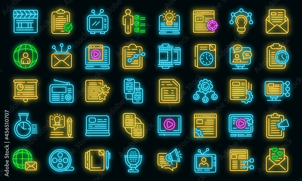 Social project icons set. Outline set of social project vector icons neon color on black Social project icons set. Outline set of social project vector icons neon color on black