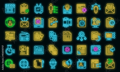 Social project icons set. Outline set of social project vector icons neon color on black