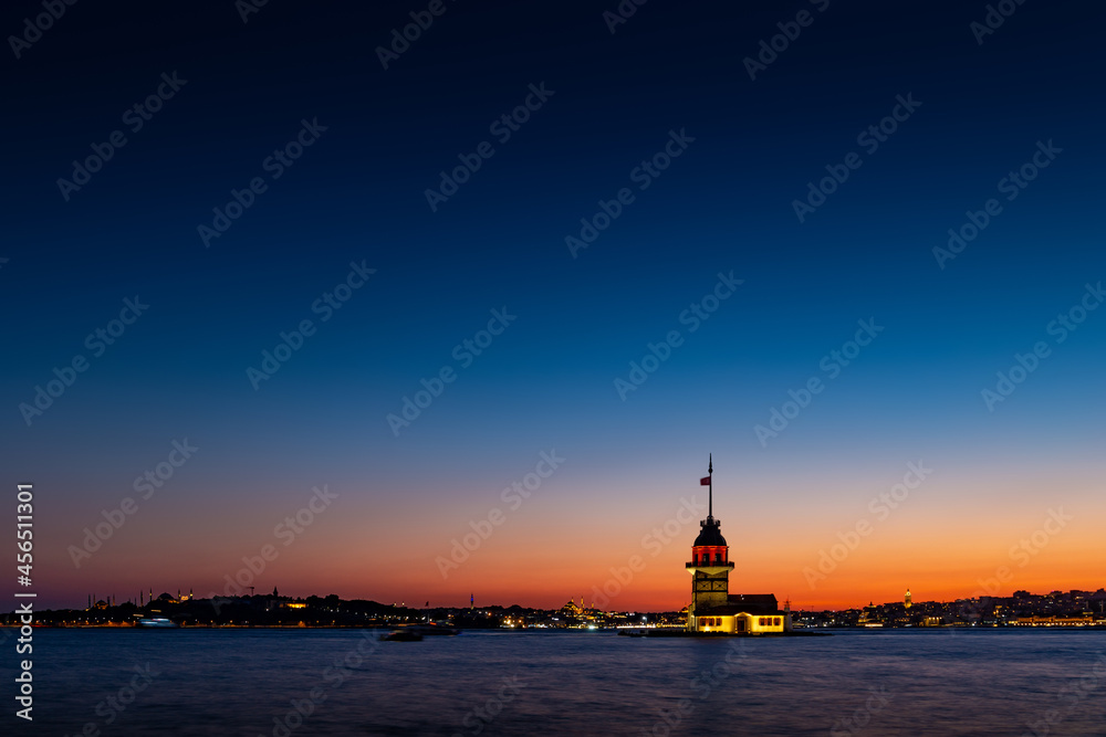 Evening over Bosphorus with famous Maiden's Tower. Istanbul, Turkey