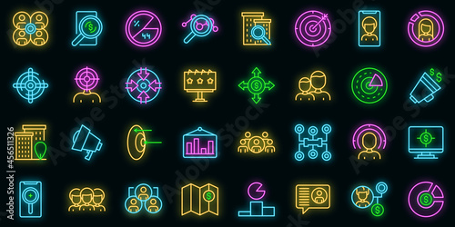 Target audience icons set. Outline set of target audience vector icons neon color on black