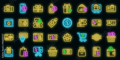 Online voucher icons set. Outline set of online voucher vector icons neon color on black