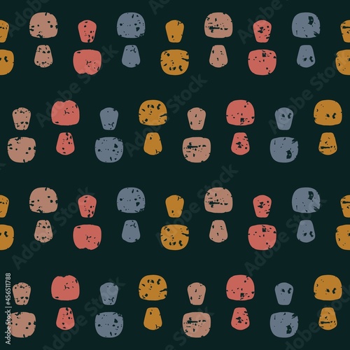 Abstract vector seamless pattern with colorful geometric shapes on the black background. Stamp, worn, vintage texture. For wallpaper, textile, interior decor, wrapping, packaging and other design.