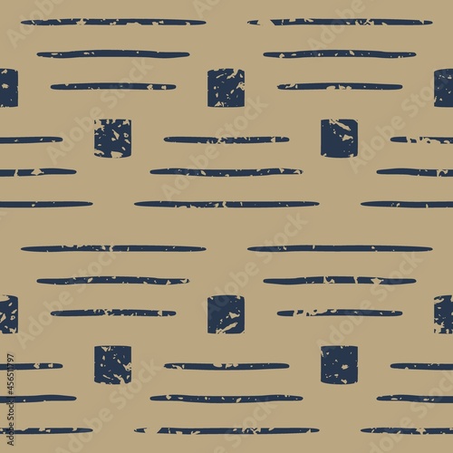 Abstract vector seamless pattern with blue squares and stripes on the beige background. Stamp, worn, vintage texture. For wallpaper, textile, interior decor, wrapping, packaging