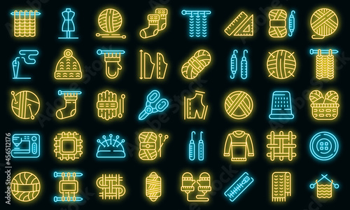 Knitting icons set. Outline set of knitting vector icons neon color on black