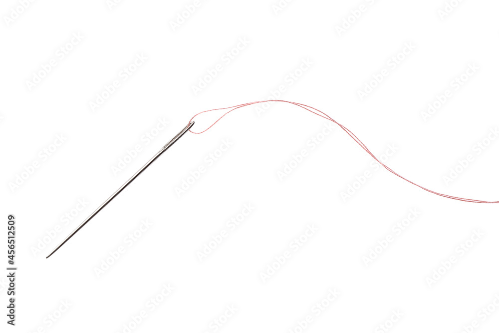 Sewing needle with thread isolated on white, top view Sewing needle with thread isolated on white, top view