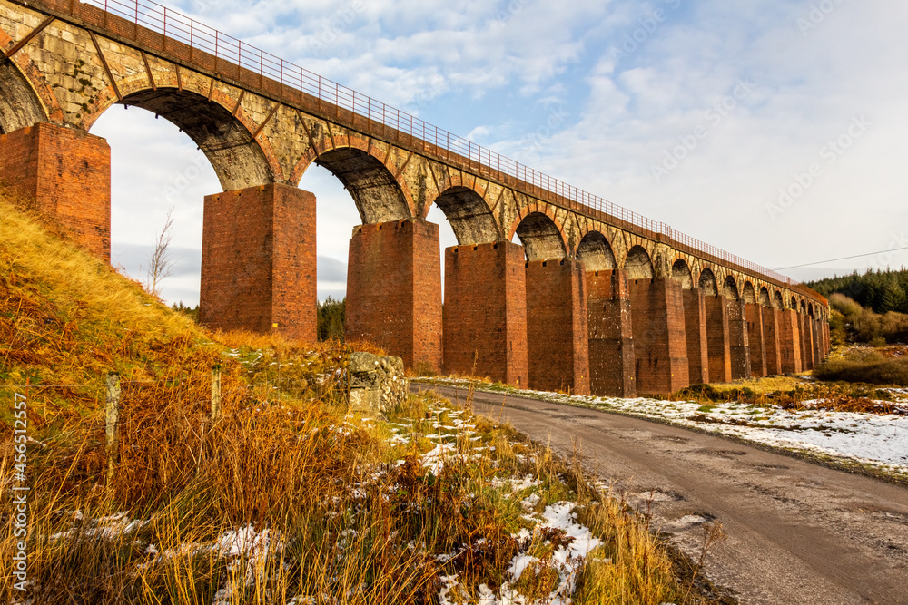 The old victorian red brick Big Water of Fleet Railway Viaduct, Scotland