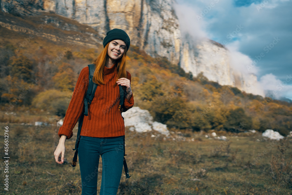 Naklejka premium woman hiker mountains walk backpack travel adventure