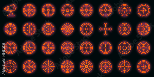 Telescopic sight icons set. Outline set of telescopic sight vector icons neon color on black photo