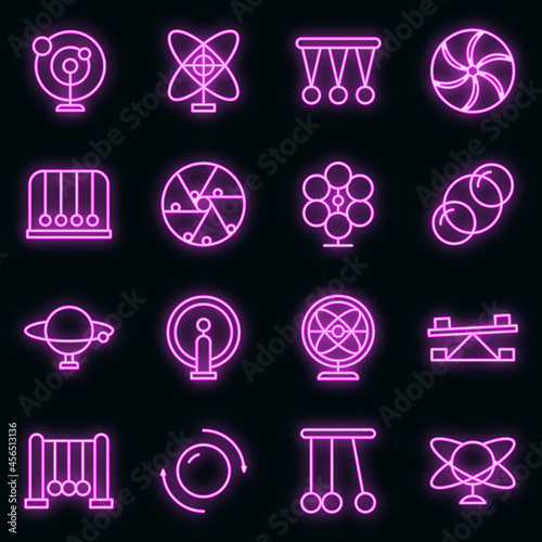 Perpetual motion icons set. Outline set of perpetual motion vector icons neon color on black
