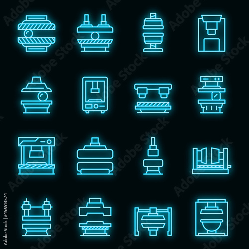 Press form machines icons set. Outline set of press form machines vector icons neon color on black