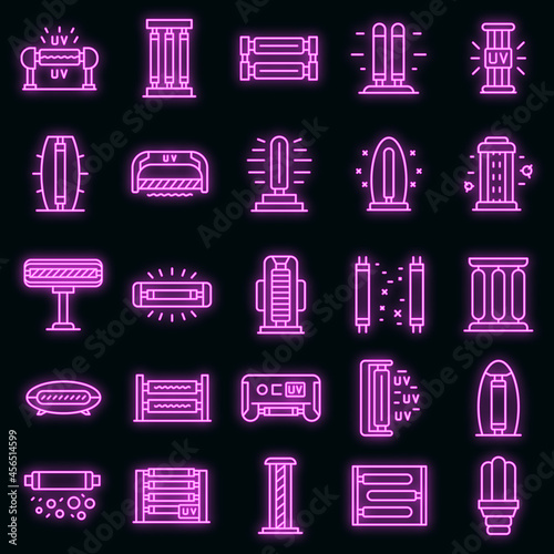 UV lamp icons set. Outline set of UV lamp vector icons neon color on black
