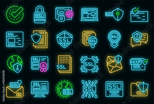 SSL certificate icons set. Outline set of SSL certificate vector icons neon color on black