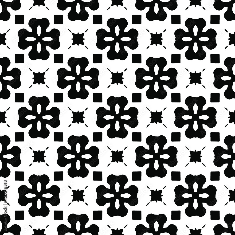 Flower geometric pattern. Seamless vector background. White and black ornament. Ornament for fabric, wallpaper, packaging. Decorative print Flower geometric pattern. Seamless vector background. White and black ornament. Ornament for fabric, wallpaper, packaging. Decorative print