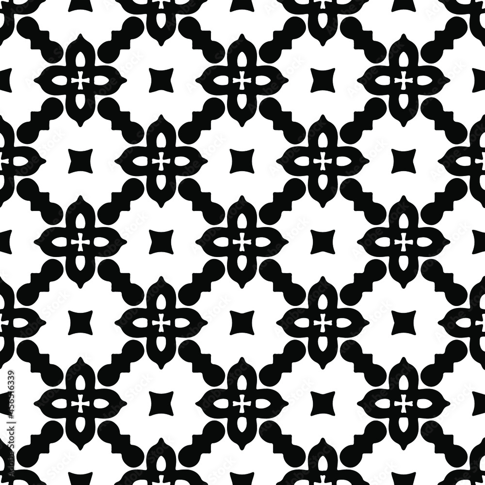 Flower geometric pattern. Seamless vector background. White and black ornament. Ornament for fabric, wallpaper, packaging. Decorative print Flower geometric pattern. Seamless vector background. White and black ornament. Ornament for fabric, wallpaper, packaging. Decorative print