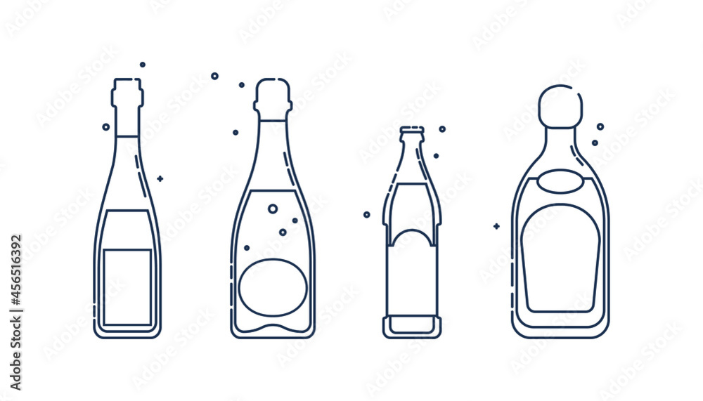 Bottle tequila beer wine champagne line art in flat style. Restaurant alcoholic illustration for celebration design. Design contour element. Beverage outline icon. Isolated on white backdrop. Bottle tequila beer wine champagne line art in flat style. Restaurant alcoholic illustration for celebration design. Design contour element. Beverage outline icon. Isolated on white backdrop.