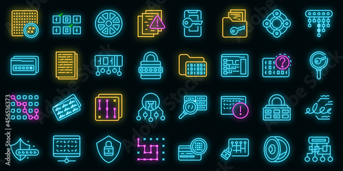 Cipher icons set. Outline set of cipher vector icons neon color on black