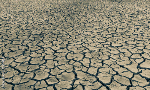 Mudflat cracked desert barren surface for natural background, layer, wallpaper, photo effect. Black and White Monochrome image of drought effects of global warming