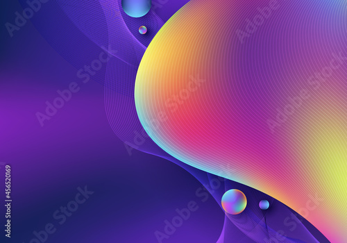 Abstract liquid vibrant gradient shape with circles and wavy lines on blue background
