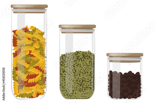 Vector illustration of noodles, beans and coffee in glass jars. Image of natural vegetarian food