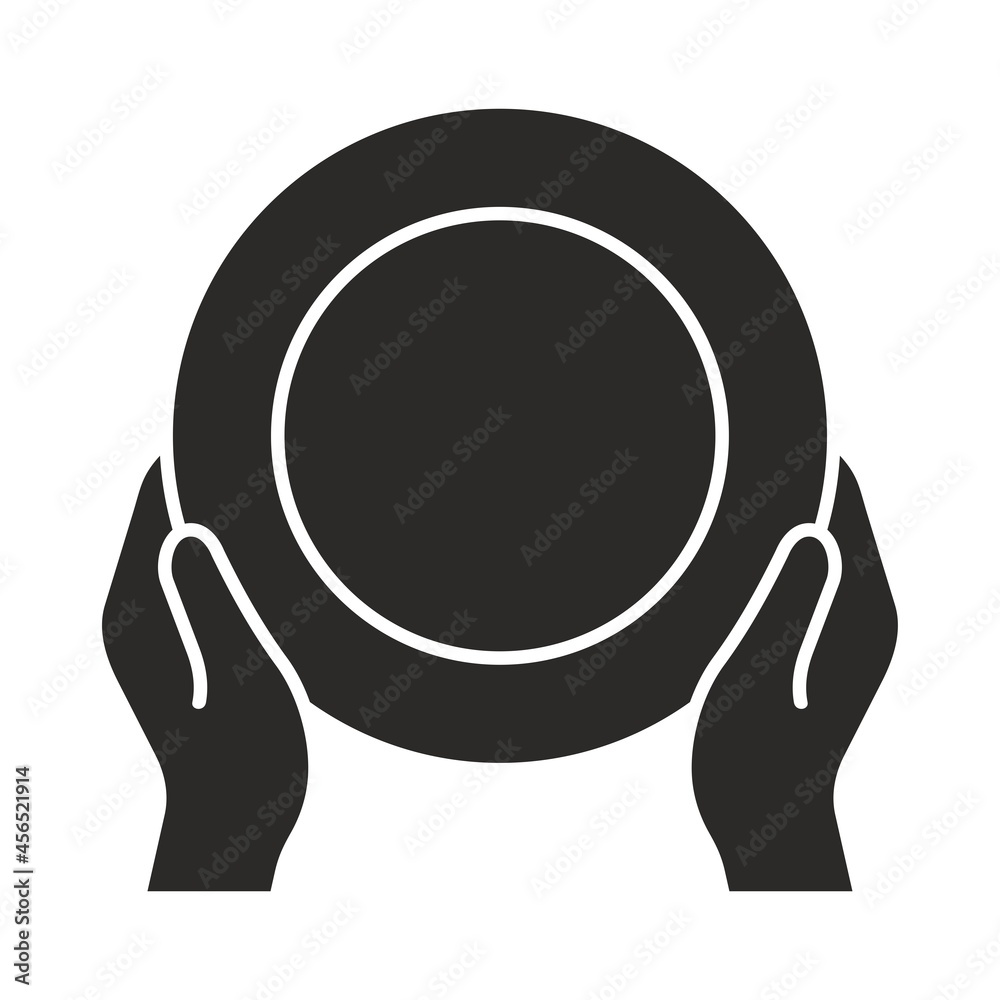 Plate icon. Two hands holding an empty plate. Vector icon isolated on