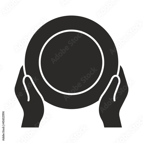 Plate icon. Two hands holding an empty plate. Vector icon isolated on white background.