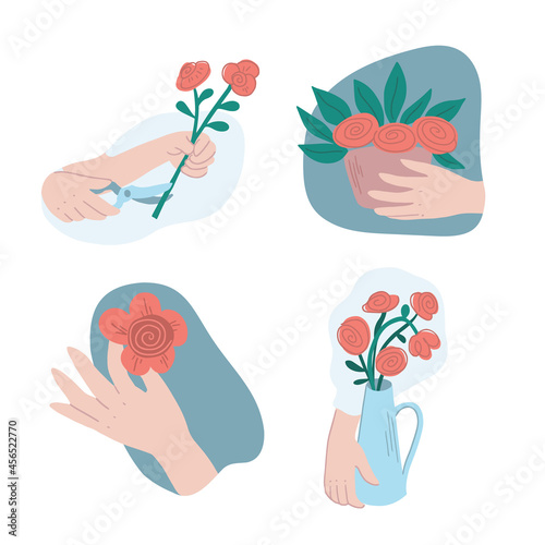 Set of hands creating floral compositions: cutting stems, arranging flowers in pots and vases