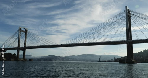 View of the Rande bridge from a boat in the ria de Vigo, Spain, 4K photo