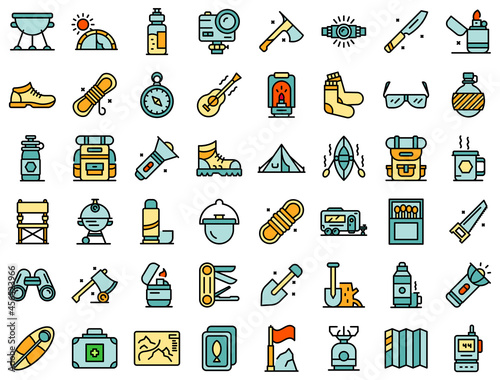 Equipment for hike icons set. Outline set of equipment for hike vector icons thin line color flat isolated on white