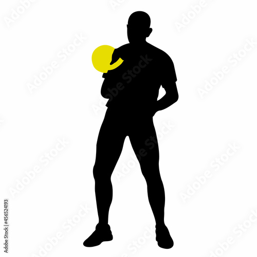 Silhouette of a weightlifter in a standing position with a kettlebell. Weight-lifting. Flat style. Training set. Isolated vector illustration.