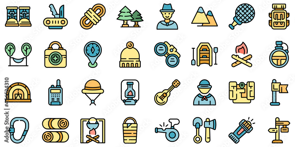 Fototapeta premium Scouting icons set. Outline set of scouting vector icons thin line color flat isolated on white