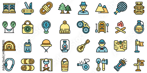 Scouting icons set. Outline set of scouting vector icons thin line color flat isolated on white