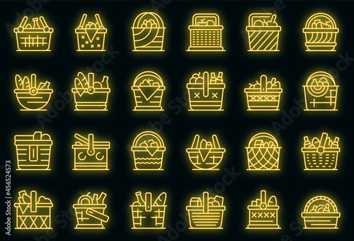Picnic basket icons set. Outline set of picnic basket vector icons neon color on black