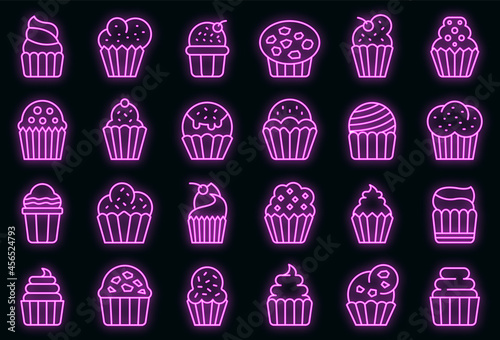 Muffin icons set. Outline set of muffin vector icons neon color on black