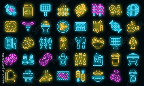 Grilled food icons set. Outline set of grilled food vector icons neon color on black